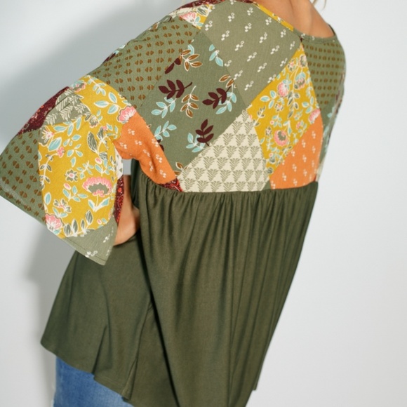 **LAST ONE**Olive Color-Block Paisley Baby Doll Top - Picture 4 of 7